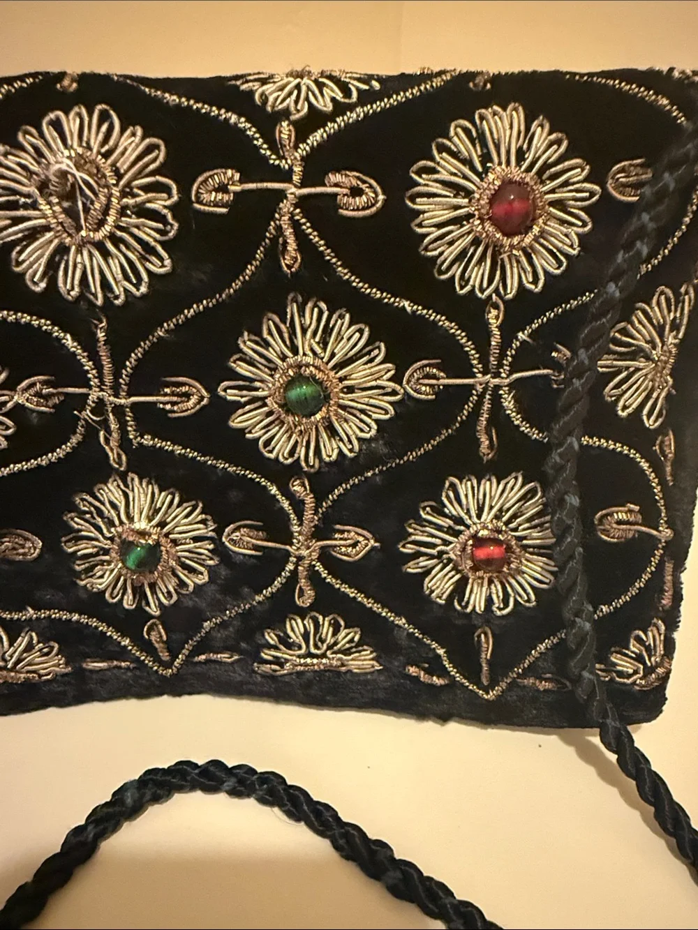 Black Embroidered Evening Crossbody Bag with Jewel Accents (Vintage)